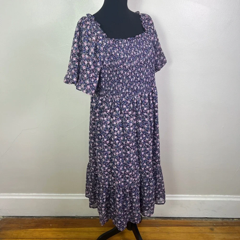 Lauren Conrad Floral Midi Dress XXL Square Neck Smocked Pink Blue - Picture 5 of 9